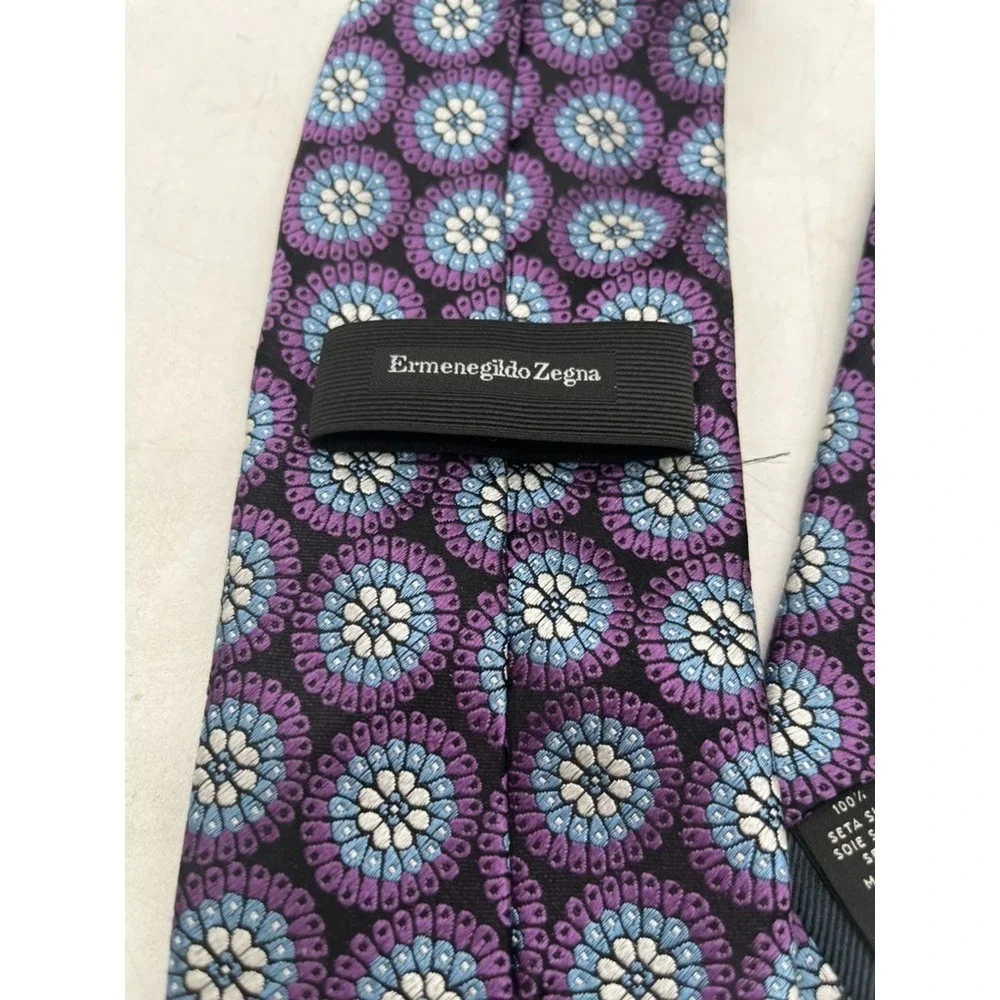 NWT Ermenegildo Zegna Silk Tie Purple BlueWhite Floral Made in Italy Size 59